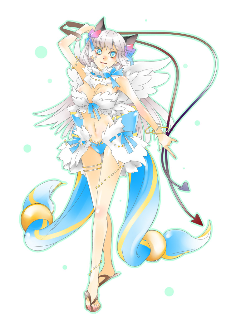 1girl animal_ears arm_up bangs bikini blue_bikini blue_bow blue_eyes blush bow breasts cat_ears closed_mouth commentary_request eyebrows_visible_through_hair feathered_wings feathers full_body holding holding_whip kirimochi_niwe large_bow long_hair looking_to_the_side medium_breasts navel ragnarok_online sandals simple_background smile solo standing swimsuit wanderer_(ragnarok_online) whip white_background white_hair white_wings wings