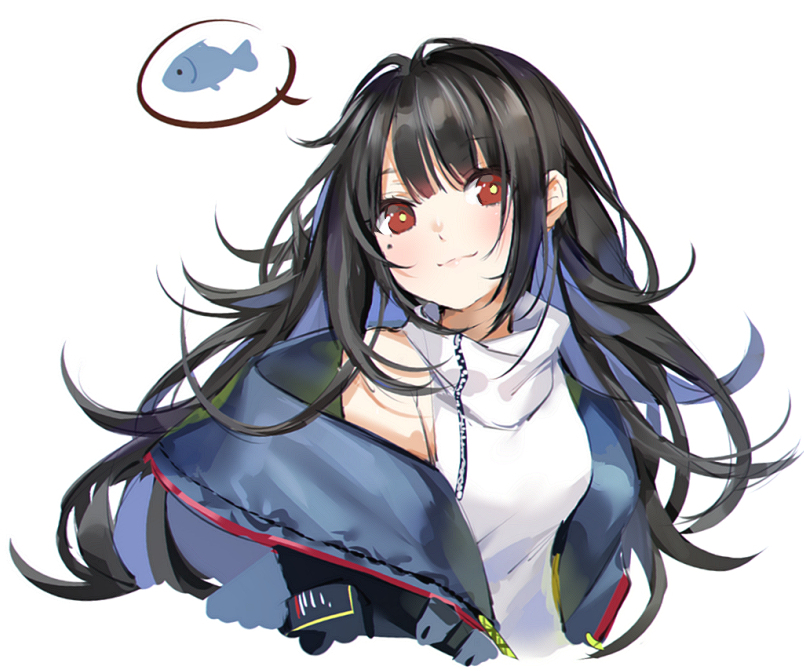 1girl bare_shoulders black_hair breasts c-ms_(girls_frontline) douya_(233) dress fish girls_frontline jacket long_hair looking_at_viewer messy_hair mole mole_under_eye off_shoulder red_eyes sleeveless sleeveless_dress small_breasts smile solo spoken_object upper_body white_background white_dress zipper