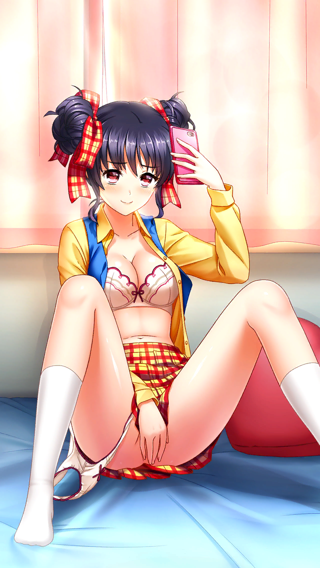 1girl bangs bed_sheet black_hair blue_vest blush bra breasts cellphone cleavage closed_mouth collarbone collared_shirt covering covering_crotch double_bun doukyuusei_2 doukyuusei_another_world dress_shirt eyebrows_visible_through_hair game_cg hair_between_eyes hair_ribbon heart heart_pillow holding holding_phone kneehighs leaning_back long_sleeves medium_breasts medium_hair miniskirt narusawa_yui official_art open_clothes open_shirt open_vest panties panties_around_one_leg phone pillow plaid plaid_ribbon plaid_skirt pleated_skirt red_eyes ribbon school_uniform selfie shiny shiny_hair shirt sitting skirt smartphone smile solo spread_legs underwear vest white_bra white_legwear white_panties wing_collar yellow_shirt
