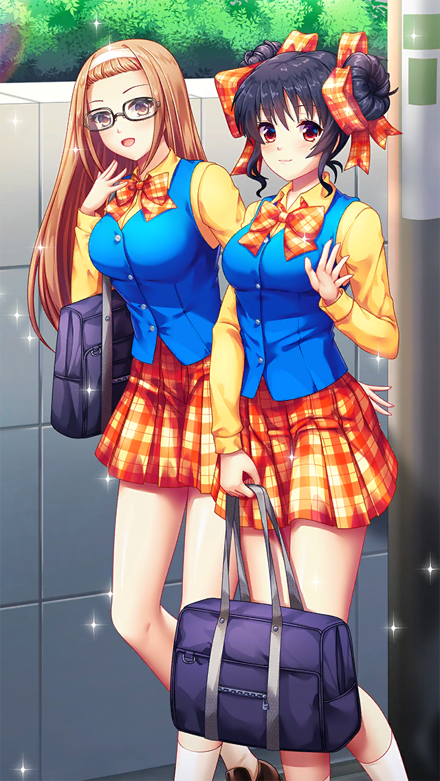 2girls :d bag black-framed_eyewear black_hair bow bowtie breasts brown_eyes brown_hair closed_mouth collared_shirt day double_bun doukyuusei_2 doukyuusei_another_world dress_shirt game_cg glasses hair_ribbon hairband holding holding_bag kneehighs large_breasts leaning_forward long_hair long_sleeves looking_at_viewer medium_breasts medium_hair miniskirt mizuno_tomomi multiple_girls narusawa_yui official_art open_mouth orange_neckwear orange_ribbon orange_skirt outdoors plaid plaid_bow plaid_neckwear plaid_ribbon plaid_skirt pleated_skirt red_eyes ribbon school_bag school_uniform shiny shiny_hair shirt sidelocks skirt smile stretch very_long_hair walking white_hairband white_legwear wing_collar yellow_shirt