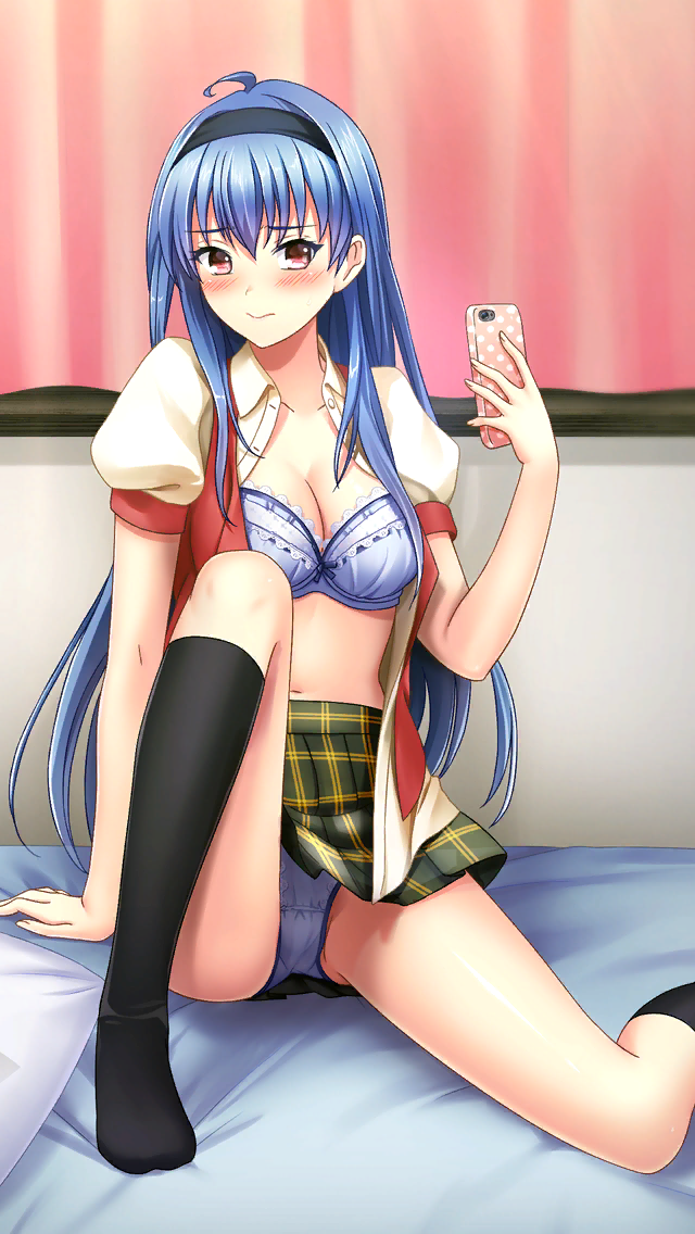 1girl 3: ahoge arm_support bangs bed_sheet bedroom black_hairband black_legwear blue_bra blue_hair blush bra breasts cellphone cleavage closed_mouth collarbone collared_shirt doukyuusei_another_world dress_shirt embarrassed eyebrows_visible_through_hair game_cg green_skirt hair_between_eyes hairband holding holding_phone indoors kakyuusei_2 kneehighs large_breasts long_hair midriff miniskirt navel no_shoes official_art open_clothes open_shirt phone plaid plaid_skirt pleated_skirt red_eyes selfie shiny shiny_hair shirt short_sleeves sitting skirt smartphone solo stomach takatoo_nanase underwear very_long_hair white_shirt wing_collar