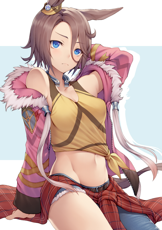 1girl animal_ears bangs banned_artist blue_eyes blue_pants blush brown_hair closed_mouth clothes_around_waist denim fur-trimmed_jacket fur_trim groin horse_ears horse_girl horse_tail jacket kyoeiki long_sleeves narita_taishin_(umamusume) navel open_clothes open_jacket pants parted_bangs pink_jacket short_hair solo tail umamusume