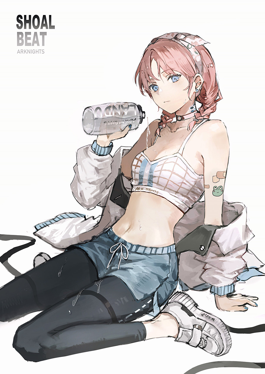 1girl arknights arm_support arm_tattoo bare_shoulders black_pants blue_eyes blue_poison_(arknights) blue_poison_(shoal_beat)_(arknights) blue_shorts bottle braid breasts choker cleavage closed_mouth copyright_name crop_top hair_ribbon highres holding jacket leggings lococo:p long_hair looking_at_viewer medium_breasts midriff navel off_shoulder official_alternate_costume open_clothes open_jacket pants pink_hair revision ribbon scales shirt shoes short_shorts shorts sitting sleeveless sleeveless_shirt sneakers solo stomach tattoo twin_braids wariza wet white_choker white_footwear white_jacket white_shirt