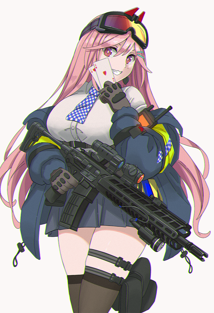 1girl ace_of_hearts assault_rifle black_gloves black_legwear blue_jacket blue_skirt breasts card dress_shirt eyewear_on_head girls_frontline gloves goggles goggles_on_head gun holding holding_card holding_gun holding_weapon jacket large_breasts long_hair long_sleeves looking_at_viewer off_shoulder open_clothes open_jacket pink_hair pleated_skirt red_eyes rifle shirt sig_mcx_(girls_frontline) sig_sauer_mcx simple_background skirt smile solo tab_(tabkun) thigh_pouch thighhighs weapon