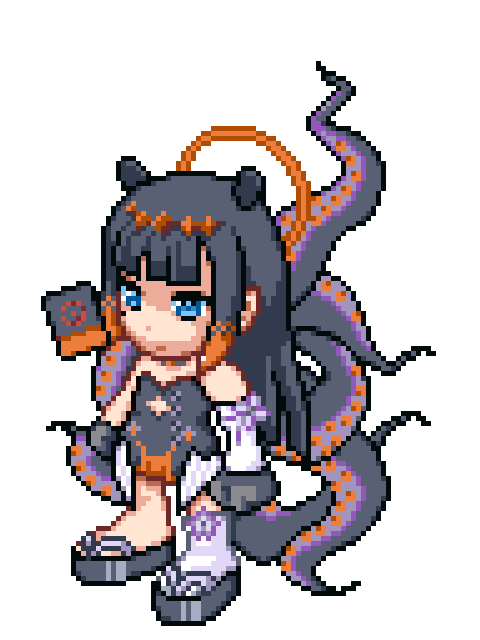 1girl ao-chan_(ninomae_ina'nis) bangs black_footwear black_gloves blue_eyes book chibi clenched_hands dekoponarms detached_sleeves gloves hair_behind_ear hololive hololive_english mole mole_under_eye ninomae_ina'nis parody pixel_art pointy_ears sandals single_detached_sleeve single_thighhigh solo style_parody summon_night tentacle_hair tentacles thighhighs transparent_background virtual_youtuber