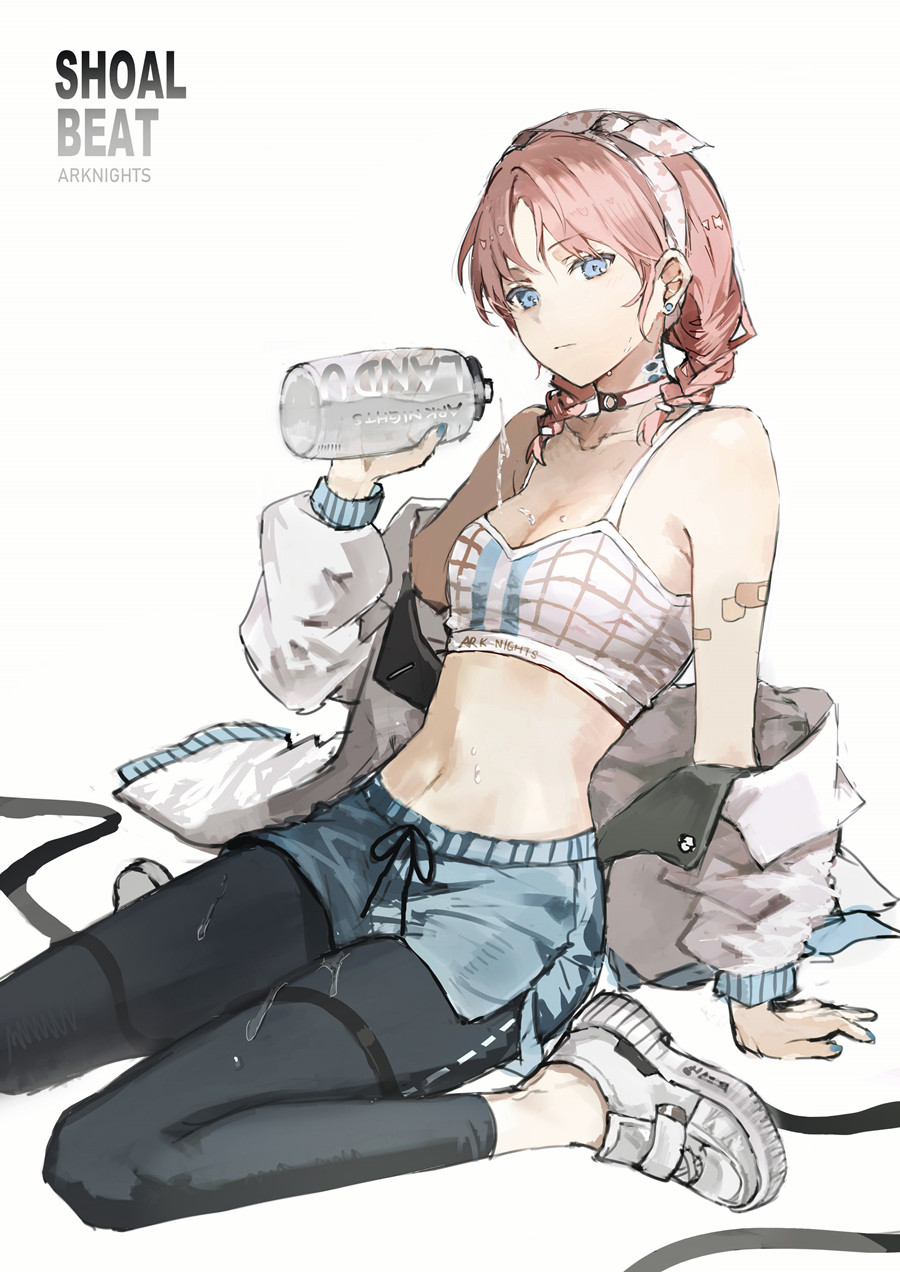 1girl arknights arm_support bare_shoulders black_pants blue_eyes blue_poison_(arknights) blue_poison_(shoal_beat)_(arknights) blue_shorts bottle braid breasts choker cleavage closed_mouth crop_top hair_ribbon highres holding jacket leggings lococo:p long_hair looking_at_viewer medium_breasts midriff navel off_shoulder open_clothes open_jacket pants pink_hair ribbon shirt shoes short_shorts shorts sitting sleeveless sleeveless_shirt sneakers solo stomach twin_braids wariza wet white_choker white_footwear white_jacket white_shirt
