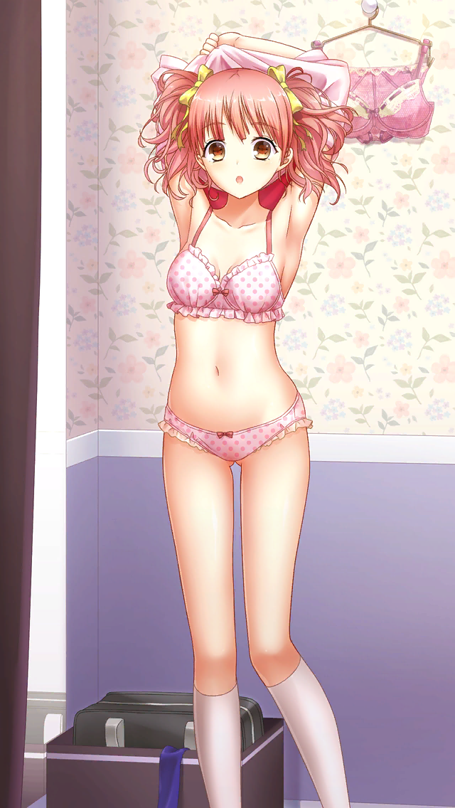 1girl armpits ass_visible_through_thighs bag bow bra bra_removed breasts cleavage collarbone doukyuusei doukyuusei_another_world dressing_room frilled_bra frilled_panties frills game_cg hair_bow kneehighs long_hair looking_at_viewer navel official_art panties panties_removed pink_bra pink_hair pink_panties polka_dot polka_dot_bra polka_dot_panties school_bag shiny shiny_hair small_breasts solo suzuhi_miho thigh_gap twintails underwear underwear_only undressing white_legwear yellow_bow