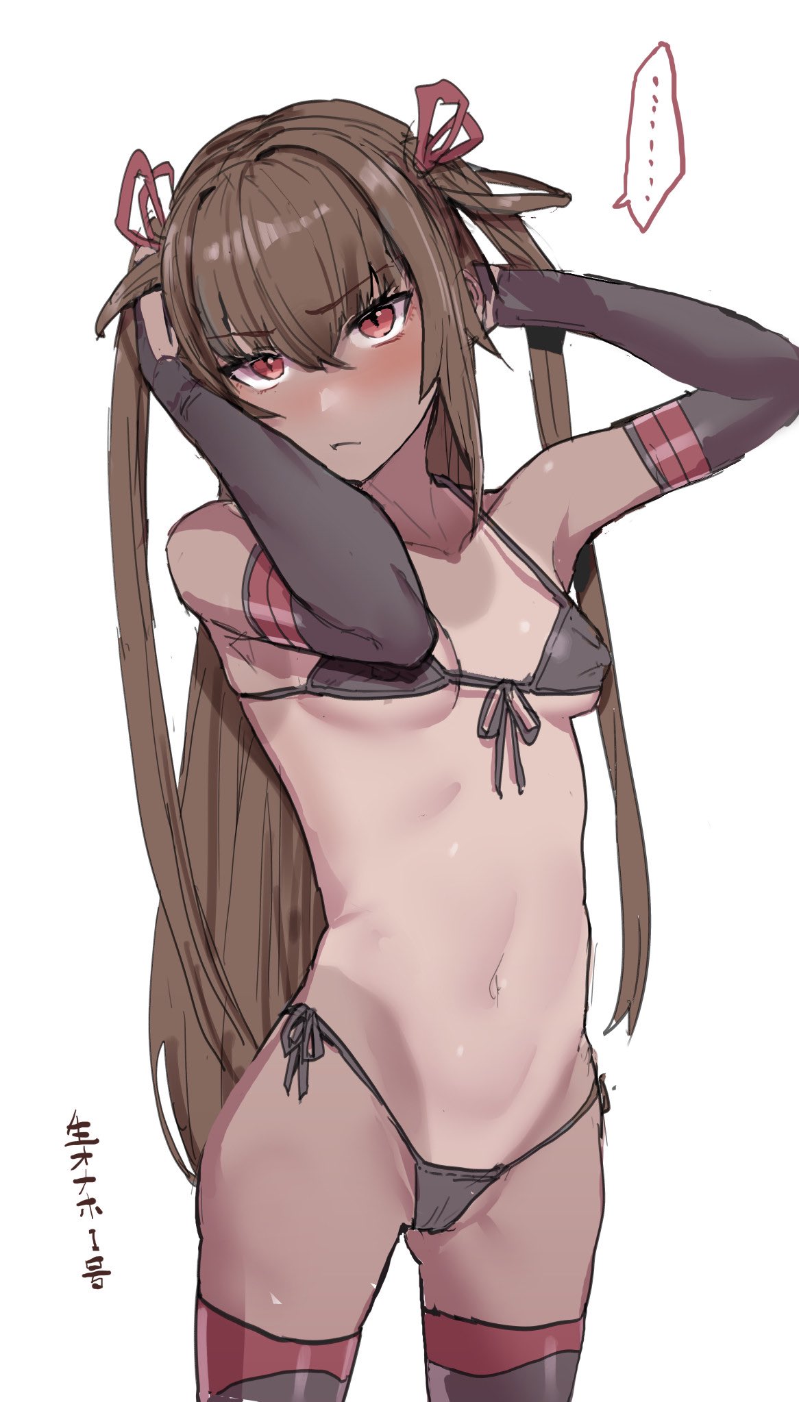 ... 1girl bangs bikini black_bikini black_gloves black_legwear blush breasts brown_hair dark-skinned_female dark_skin elbow_gloves eyebrows_visible_through_hair gloves highres looking_at_viewer mizuki_yukikaze navel one-piece_tan oosawara_sadao red_eyes simple_background solo spoken_ellipsis swimsuit taimanin_(series) taimanin_yukikaze tan tanline thighhighs twintails white_background