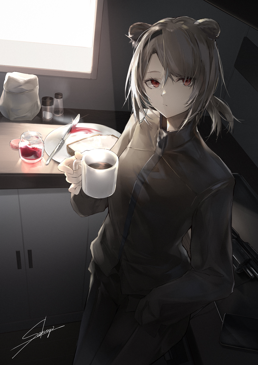 1girl absinthe_(arknights) animal_ears arknights artist_name bear_ears black_jacket commentary_request cowboy_shot cup grey_hair hand_up highres holding holding_cup indoors jacket knife long_sleeves mug partial_commentary plate red_eyes sakusyo short_hair signature solo