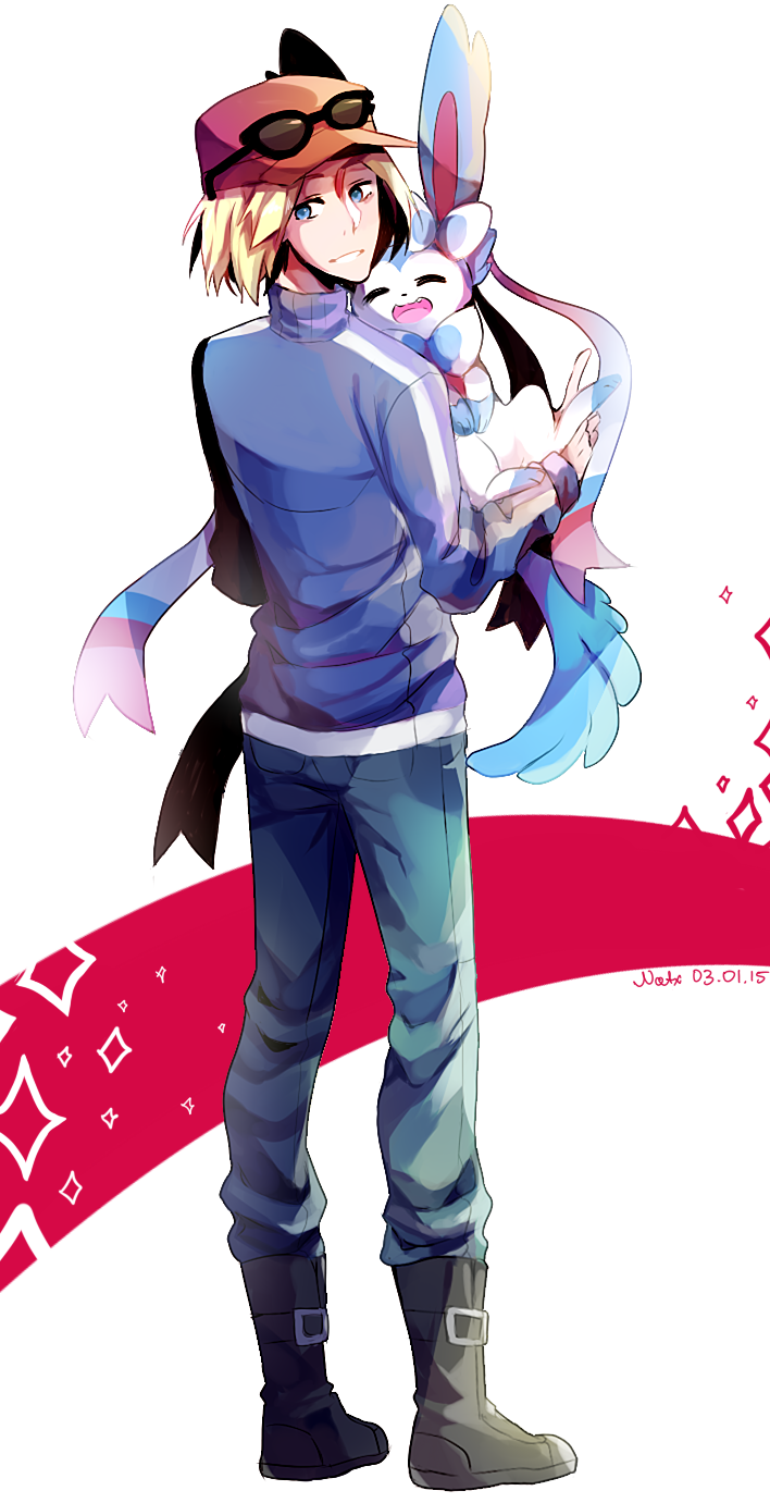ambiguous_gender big_ears blonde_hair bridal_carry calem_(pok&eacute;mon) carrying carrying_partner clenched_teeth cradling digital_drawing_(artwork) digital_media_(artwork) duo eeveelution eyes_closed feral hair hand_on_legs happy hi_res human looking_at_viewer looking_back love male mammal natx-chan nintendo open_mouth paws pok&eacute;mon pok&eacute;mon_(species) ribbons shiny_pok&eacute;mon signature simple_background smile smiling_at_viewer standing sylveon teeth video_games