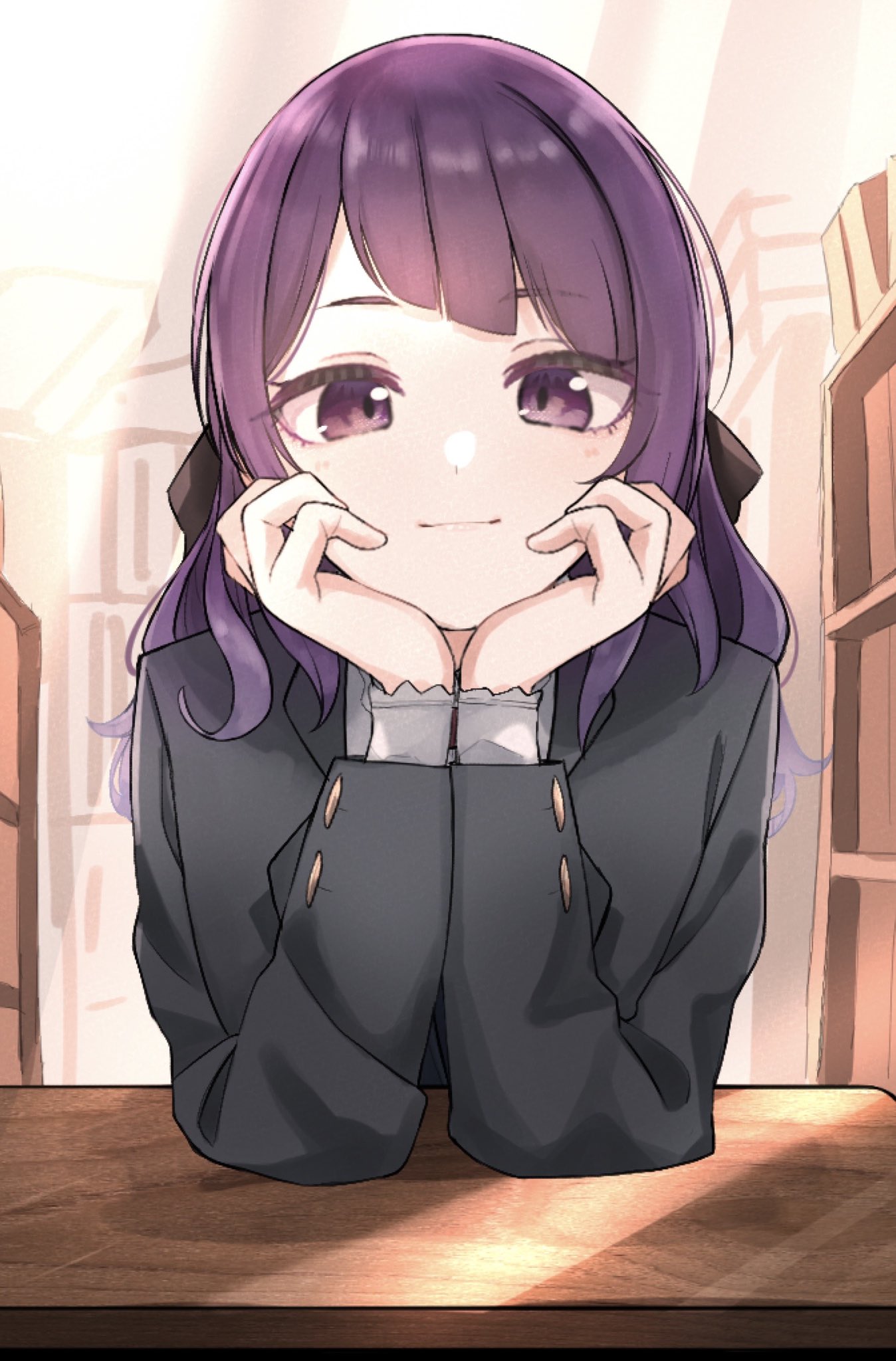 1girl arm_support bangs black_bow black_jacket blazer book bookshelf bow closed_mouth commentary copyright_request eyebrows_visible_through_hair grey_shirt hair_bow hands_up head_rest highres indoors jacket long_hair long_sleeves pov_across_table purple_eyes purple_hair school_uniform shirt shiwa_(siwaa0419) smile solo upper_body