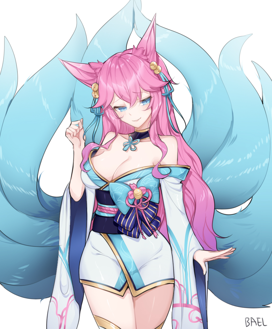 1girl ahri alternate_hair_color animal_ear_fluff animal_ears bael_(chltnqls0415) bell blue_eyes blue_tail breasts cleavage eyebrows_visible_through_hair facial_mark fox_ears fox_tail hair_bell hair_ornament korean_clothes kumiho large_breasts league_of_legends long_hair looking_at_viewer low_neckline multiple_tails off_shoulder pink_hair simple_background solo spirit_blossom_ahri tail vastaya very_long_hair whisker_markings white_background