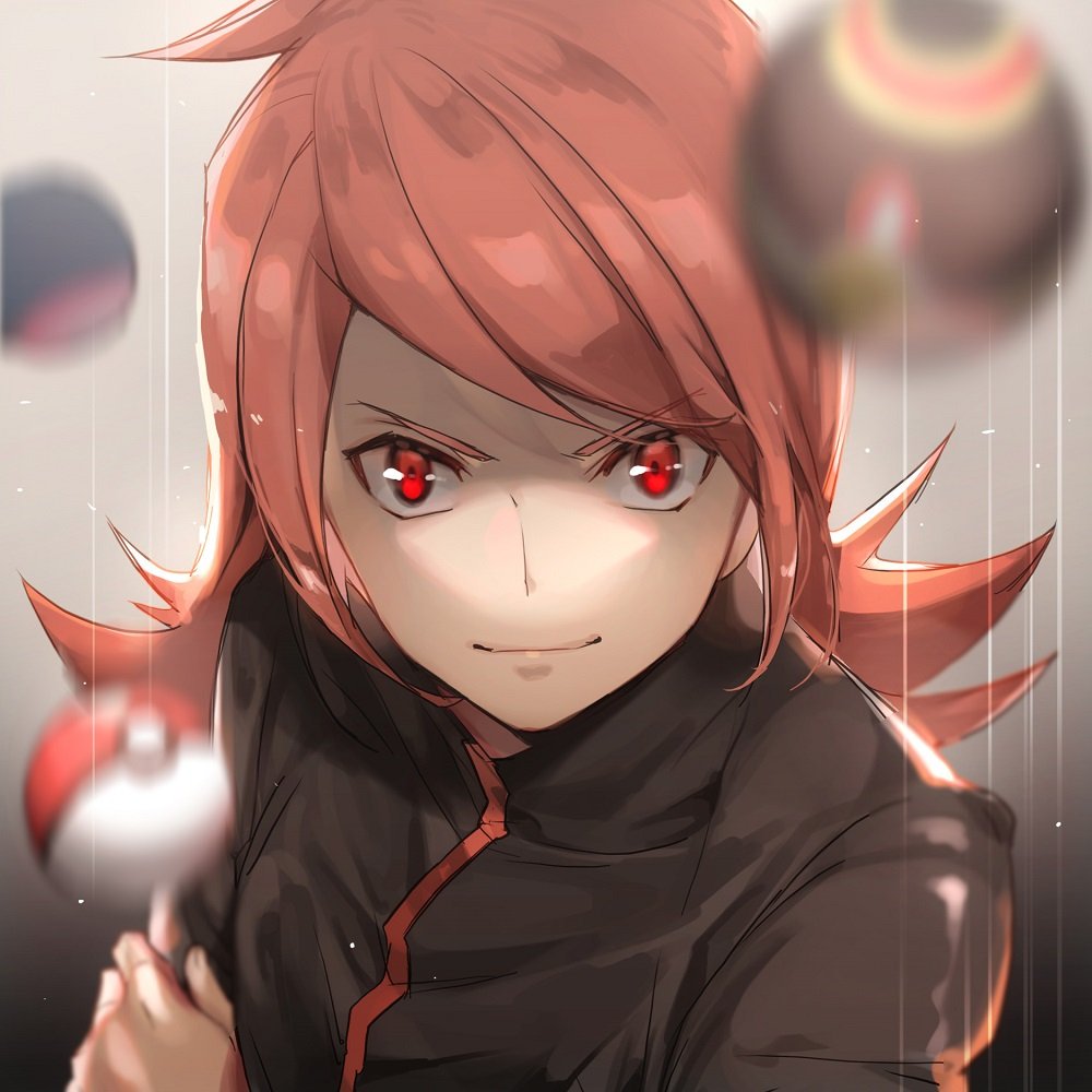 1boy ahoge bangs blur blurry blurry_foreground high_collar jacket looking_at_viewer male_focus md5_mismatch medium_hair no-kan poke_ball pokemon pokemon_(game) pokemon_hgss red_eyes red_hair sidelocks silver_(pokemon) solo swept_bangs