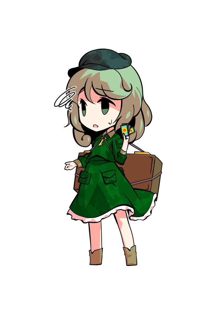 1girl bangs boots brown_footwear card chibi dairi dress eyebrows_visible_through_hair green_dress green_eyes green_hair green_headwear green_sleeves hand_up hat key_necklace long_sleeves open_mouth short_hair simple_background solo standing tachi-e touhou white_background worried yamashiro_takane