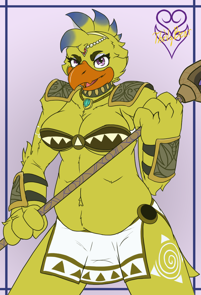 2021 4_fingers alternate_form anthro anthrofied avian beak belly big_breasts bird bottomwear breasts chica_(fnaf) chicken cleavage clothed clothing collar cosplay costume curvy_figure digital_media_(artwork) eyelashes feathers female fingers five_nights_at_freddy's front_view fully_clothed galliform gallus_(genus) hi_res holding_object holding_staff jewelry krystal looking_at_viewer melee_weapon midriff necklace nintendo non-mammal_breasts open_mouth open_smile orange_beak overweight overweight_anthro overweight_female phasianid pink_tongue polearm purple_eyes signature skimpy smile smiling_at_viewer smirk solo spear staff star_fox thevgbear thick_thighs tongue topwear video_games voluptuous weapon wide_hips yellow_body yellow_feathers