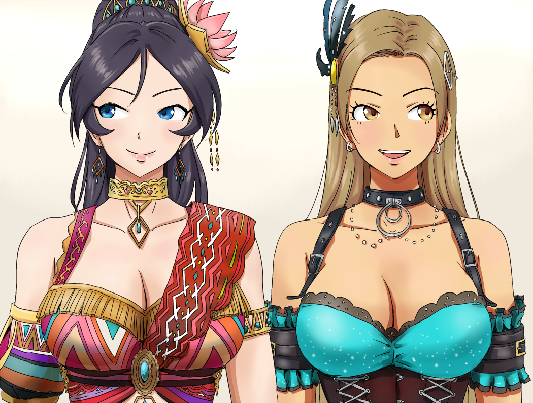 2girls alternate_costume anbj black_hair blue_eyes breasts cleavage collar collarbone earrings feather_hair_ornament feathers flower hair_flower hair_ornament idolmaster idolmaster_cinderella_girls jewelry large_breasts light_brown_eyes light_brown_hair lips long_hair looking_to_the_side matsunaga_ryou multiple_girls open_mouth ponytail smile sugisaka_umi