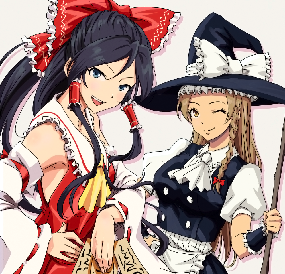 2girls anbj apron black_hair bow braid breasts brown_eyes brown_hair cosplay detached_sleeves grey_eyes hair_bow hair_tubes hakurei_reimu hakurei_reimu_(cosplay) hand_on_hip hat idolmaster idolmaster_cinderella_girls kirisame_marisa kirisame_marisa_(cosplay) matsunaga_ryou medium_breasts multiple_girls nontraditional_miko ofuda one_eye_closed open_mouth puffy_short_sleeves puffy_sleeves ribbon-trimmed_sleeves ribbon_trim short_sleeves sidelocks smile sugisaka_umi touhou waist_apron wide_sleeves witch_hat