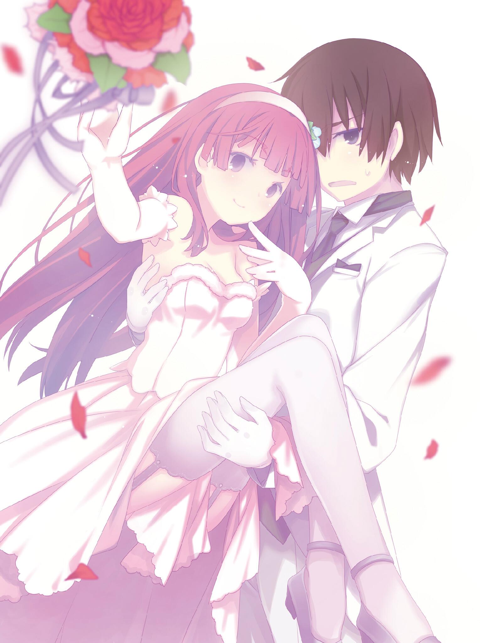 1boy 1girl bare_shoulders blurry blurry_foreground blush bouquet_toss bride brown_hair carrying closed_mouth couple cover_image dress elbow_gloves eyebrows_visible_through_hair flower fuyuumi_ai garter_straps gloves groom hair_flower hair_ornament hairband hetero highres jpeg_artifacts kidou_eita legs long_hair looking_at_viewer novel_illustration official_art ore_no_kanojo_to_osananajimi_ga_shuraba_sugiru petals pink_hair princess_carry purple_eyes ruroo simple_background smile strapless strapless_dress textless thighhighs upskirt wedding_dress white_background white_dress white_gloves white_hairband