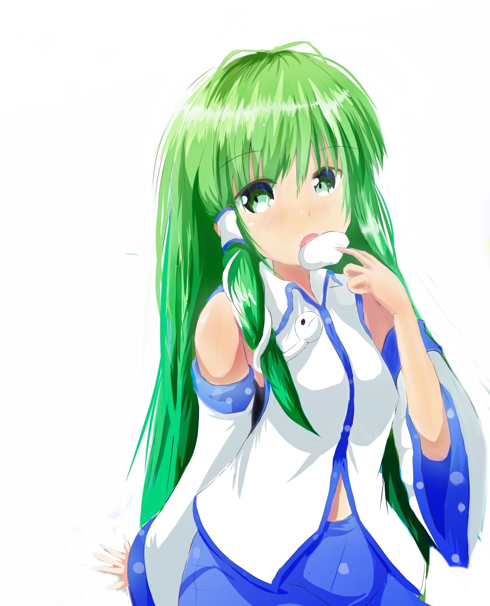 1girl arm_support bare_shoulders blue_skirt collared_shirt commentary_request detached_sleeves dress_shirt eating eyebrows_visible_through_hair green_eyes green_hair hair_ornament hair_tubes hakuda32 highres kochiya_sanae long_hair open_mouth shiny shiny_hair shirt simple_background sitting skirt sleeveless sleeveless_shirt snake_hair_ornament solo touhou two-tone_shirt very_long_hair white_background white_shirt