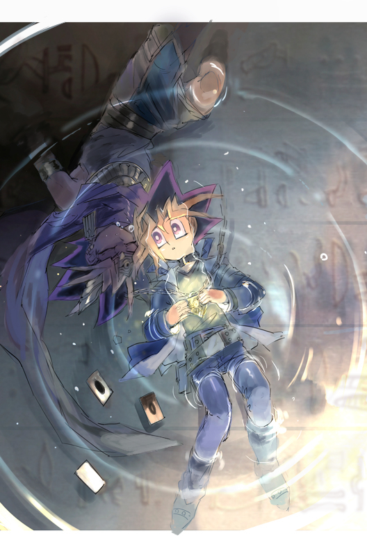 2boys afloat atem belt black_hair blonde_hair blue_jacket blue_pants bright_pupils card glowing hieroglyphics holding jacket letterboxed long_sleeves looking_to_the_side male_focus millennium_puzzle multiple_boys mutou_yuugi open_clothes open_jacket pants purple_eyes purple_hair ripples school_uniform shi_(shooo_ttt) shirt spiked_hair water white_pupils yu-gi-oh! yu-gi-oh!_duel_monsters