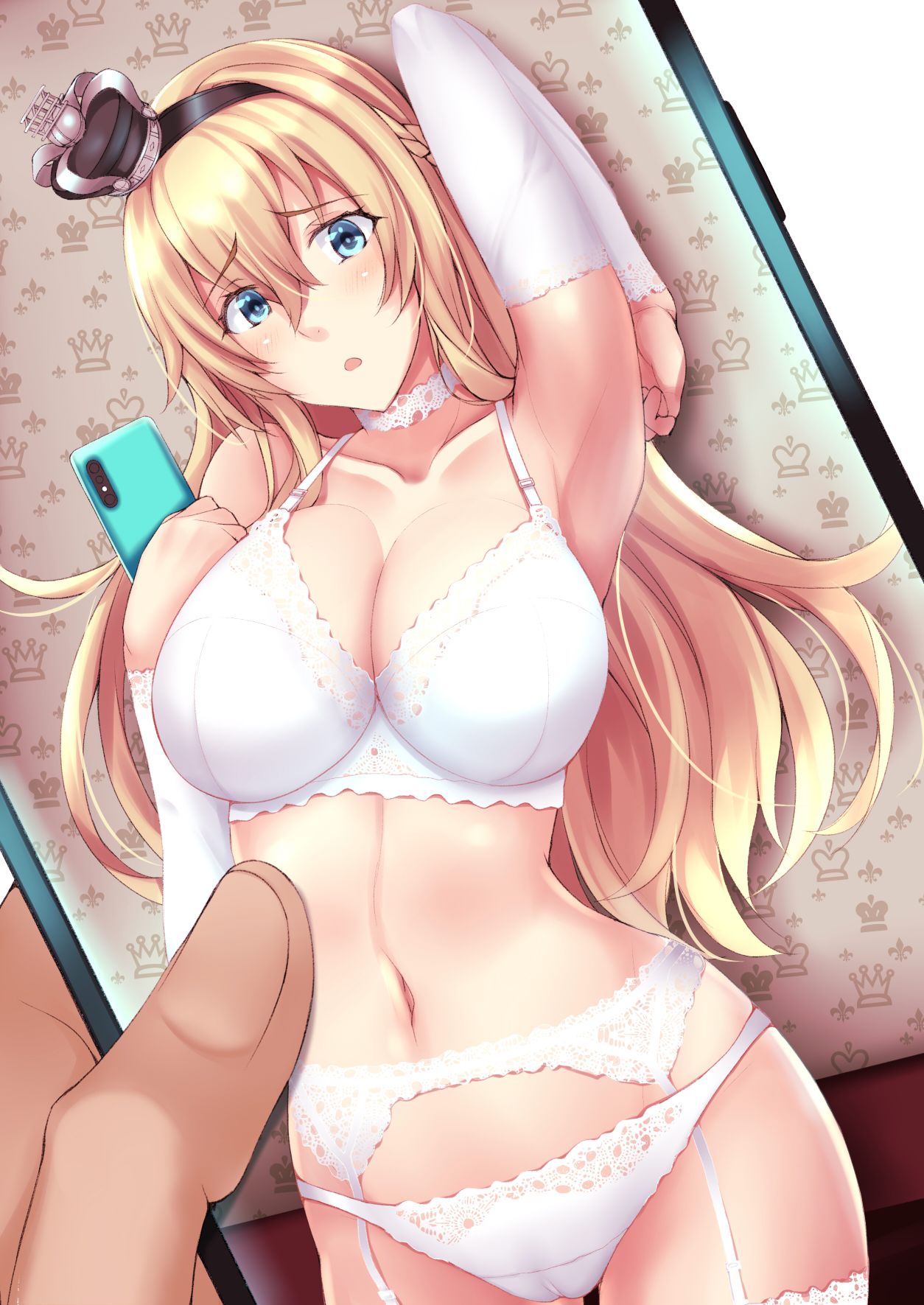 1girl arm_up armpits blonde_hair blue_eyes blush bra braid breasts cellphone collarbone cowboy_shot crown elbow_gloves french_braid garter_straps gloves highres kantai_collection kuurunaitsu large_breasts long_hair midriff navel phone reward_available selfie smartphone stomach underwear warspite_(kancolle) white_background white_bra