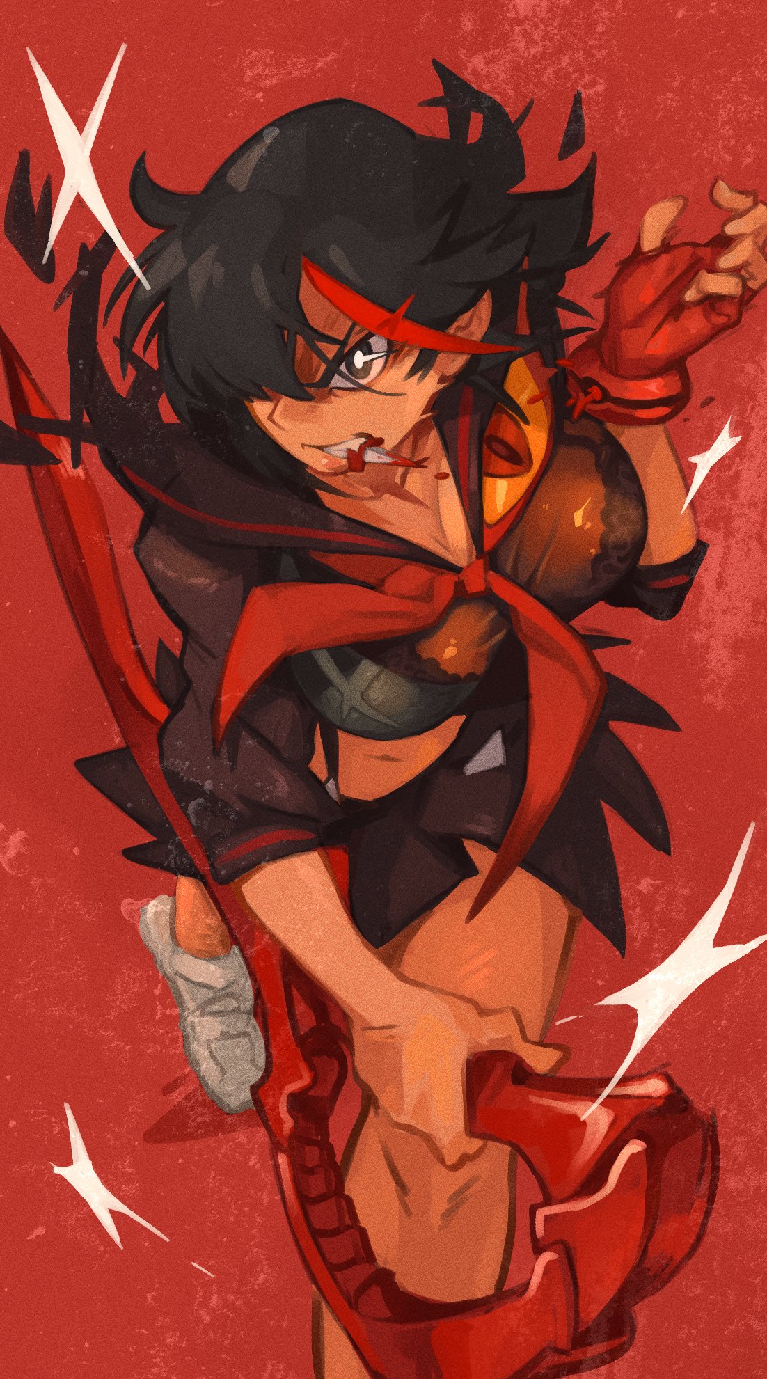 1girl black_bra blood bra bra_through_clothes breasts film_grain gloves hair_over_one_eye henshin highres holding holding_weapon kamui_(kill_la_kill) kill_la_kill large_breasts matoi_ryuuko medium_hair multicolored_hair navel red_background red_gloves red_hair school_uniform scissor_blade scrooge_mckhyle senketsu shoes single_glove skirt sneakers streaked_hair suspender_skirt suspenders sword texture transformation transforming_clothes underwear weapon white_footwear