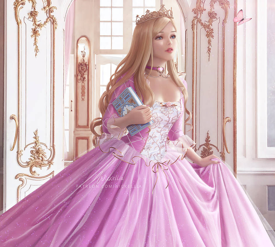 1girl anneliese_(barbie) barbie_(character) barbie_(franchise) barbie_as_the_princess_and_the_pauper barbie_movies blonde_hair blue_eyes book breasts bug butterfly castle choker corset cowboy_shot crown curly_hair door door_handle dress filigree flower formal frilled_dress frills gold_trim gown hair_ornament holding holding_book indoors insect interior jewelry looking_ahead necklace palace parted_lips pink_butterfly pink_choker pink_dress princess princess_and_the_pauper realistic red_lips ribbon rose skirt_hold solo square_neckline sunlight tiara wickellia window