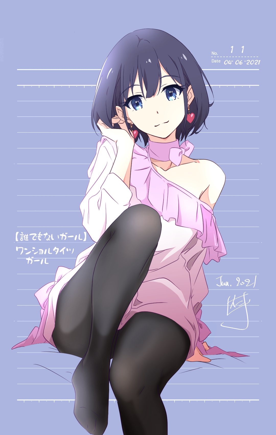 1girl adjusting_hair arm_support bare_shoulders black_legwear blue_eyes blue_hair closed_mouth collarbone dated earrings frilled_shirt frills heart heart_earrings highres jewelry long_sleeves looking_at_viewer medium_hair nii_manabu no_shoes notebook off_shoulder original pantyhose pink_shirt shirt signature sitting smile solo