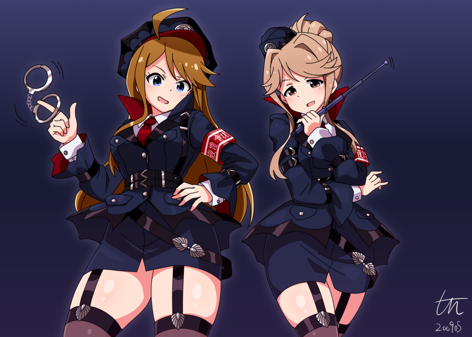 2girls ahoge arm_strap armband artist_name bangs baton belt black_belt black_legwear blue_background blue_eyes blue_headwear blue_jacket blue_skirt bow brown_hair commentary_request cuffs dated dress_shirt emblem garter_straps hair_bow hand_on_hip handcuffs hat holding idolmaster idolmaster_million_live! jacket long_hair long_sleeves looking_at_viewer miniskirt multiple_girls necktie open_mouth peaked_cap pencil_skirt police police_hat police_uniform red_bow red_eyes red_neckwear shirt short_hair short_ponytail side-by-side signature skirt smirk standing swept_bangs tenkuubashi_tomoka thighhighs thighs tokoro_megumi tun uniform white_shirt wing_collar