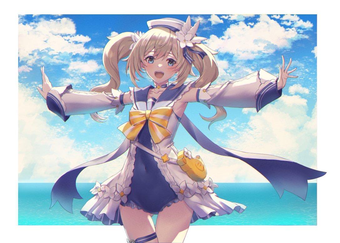 1girl :d bag barbara_pegg bare_shoulders beach bird blonde_hair blue_eyes blue_sky bow bowtie cloud cloudy_sky covered_navel cowboy_shot detached_sleeves drill_hair duck flower frills genshin_impact hair_flower hair_ornament happy hat long_sleeves looking_at_viewer ocean open_mouth oukawa_yuu outdoors outstretched_arms sailor_hat sky smile solo spread_arms swimsuit twin_drills twintails