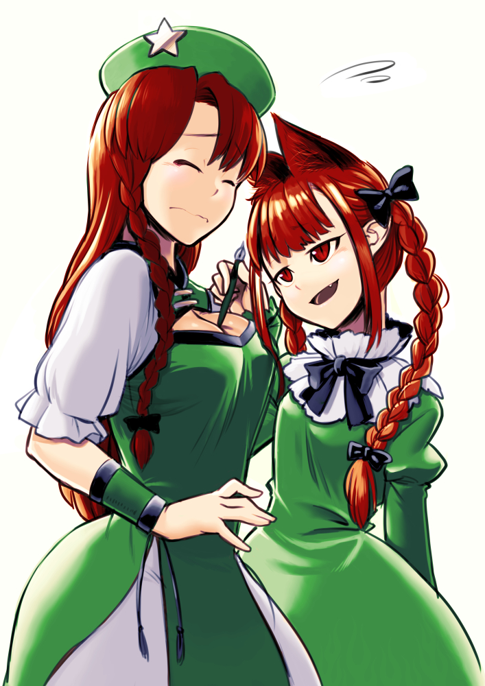2girls :d animal_ears beret between_breasts braid breasts cat_ears cleavage cleavage_cutout closed_mouth clothing_cutout commentary_request cowboy_shot dress extra_ears fang flying_sweatdrops green_dress hat hat_ornament hong_meiling juliet_sleeves kaenbyou_rin kagehito large_breasts long_hair long_sleeves looking_at_another medium_breasts multiple_girls open_mouth pointy_ears puffy_sleeves red_eyes sexually_suggestive simple_background smile star_(symbol) star_hat_ornament touhou twin_braids twintails very_long_hair white_background wrist_cuffs