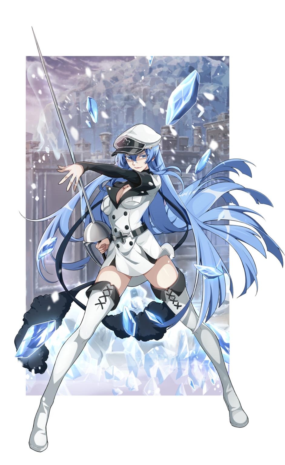 1girl akame_ga_kill! bangs black_sleeves blue_eyes blue_hair boots border breasts cleavage dress esdeath eyebrows_visible_through_hair floating_hair full_body hair_between_eyes hat highres holding holding_weapon k12io long_hair long_sleeves looking_at_viewer medium_breasts military military_hat military_uniform open_mouth rapier shiny shiny_hair short_dress smile snowing solo standing sword thigh_boots thighhighs uniform very_long_hair weapon white_border white_dress white_headwear zettai_ryouiki