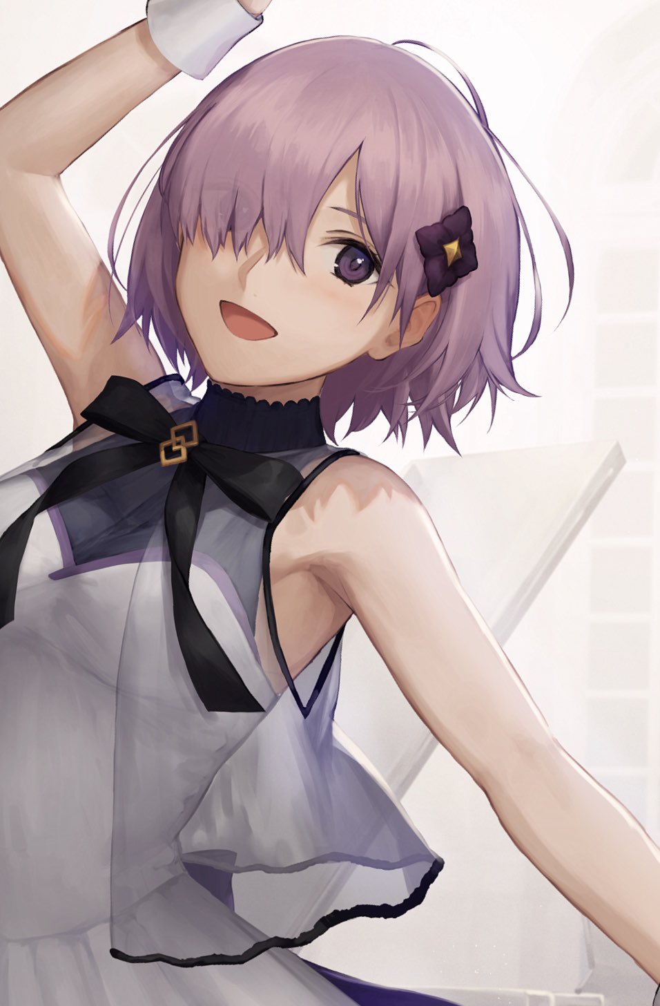 1girl arm_up bangs bare_shoulders blush breasts dress fate/grand_order fate_(series) hair_ornament hair_over_one_eye highres kouzuki_kei large_breasts light_purple_hair looking_at_viewer mash_kyrielight open_mouth purple_eyes sheer_clothes short_hair smile solo under_the_same_sky white_dress wrist_cuffs