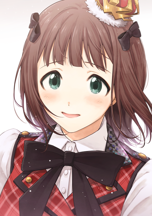 1girl :d amami_haruka bangs black_bow black_neckwear bow brown_hair collared_shirt crown dress_shirt green_eyes hair_bow idolmaster idolmaster_(classic) mini_crown nogoodlife open_mouth plaid plaid_vest red_vest shiny shiny_hair shirt short_hair smile solo upper_body vest white_shirt wing_collar