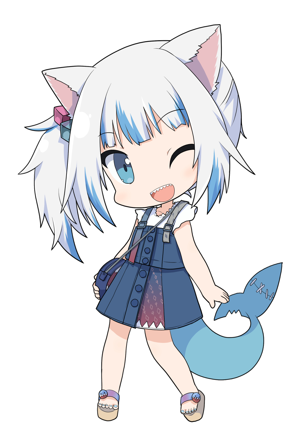 1girl ;d animal_ears bangs blue_dress blue_eyes blue_hair blue_nails brown_footwear cat_ears chibi commentary_request dress fish_tail full_body gawr_gura hair_cubes hair_ornament highres hololive hololive_english long_hair looking_at_viewer multicolored_hair one_eye_closed open_mouth osaragi_mitama platform_footwear sandals shark_tail sharp_teeth side_ponytail sleeveless sleeveless_dress smile solo standing streaked_hair tail teeth toenail_polish virtual_youtuber