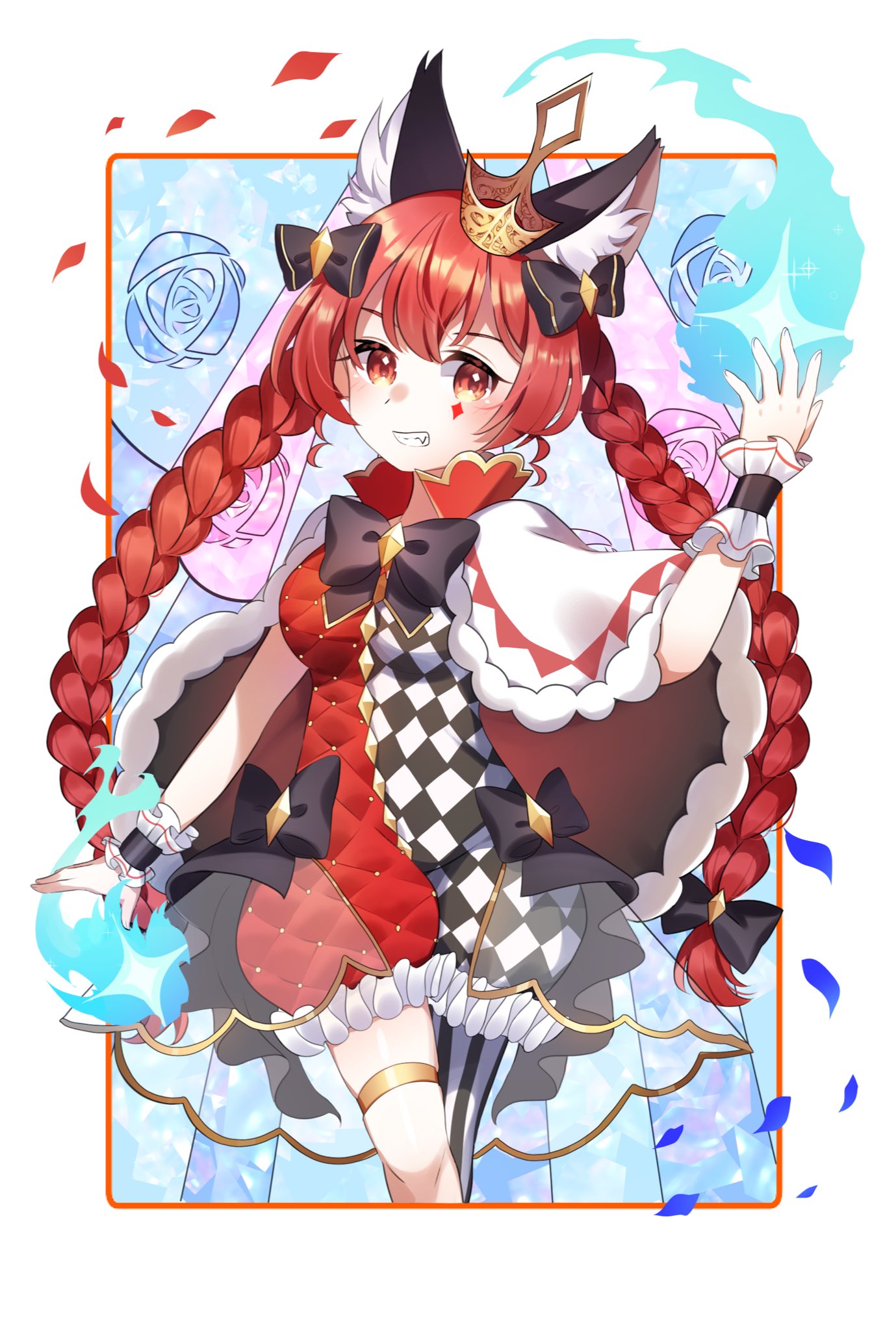 1girl ametama_(runarunaruta5656) animal_ear_fluff animal_ears argyle_dress bow bowtie braid breasts cat_ears crown feet_out_of_frame floral_background grin hand_up highres kaenbyou_rin long_hair looking_at_viewer medium_breasts petals red_eyes red_hair smile solo touhou twin_braids twintails very_long_hair