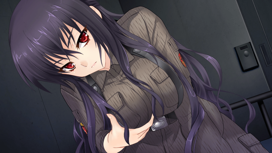 1girl bangs beatrix_bremer belt black_hair breasts closed_mouth frown game_cg hair_between_eyes head_tilt jacket large_breasts long_hair long_sleeves looking_at_viewer military military_uniform muvluv muvluv_alternative muvluv_alternative_strike_frontier official_art red_eyes self_fondle shiny shiny_hair solo uniform very_long_hair