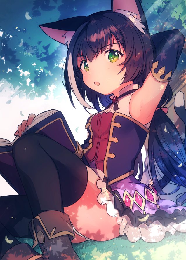 1girl :o animal_ear_fluff animal_ears arm_behind_head arm_up armpits bangs bare_shoulders black_hair black_legwear black_sleeves blush book boots bow breasts brown_footwear cat_ears cat_girl cat_tail commentary_request day detached_sleeves eyebrows_visible_through_hair feet_out_of_frame frilled_skirt frills green_eyes hair_between_eyes hair_bow ichihaya karyl_(princess_connect!) long_hair long_sleeves looking_at_viewer low_twintails medium_breasts multicolored_hair open_book outdoors panties parted_lips pink_bow princess_connect! purple_skirt shirt skirt sleeveless sleeveless_shirt solo streaked_hair tail thighhighs thighhighs_under_boots tree twintails underwear very_long_hair white_hair white_panties white_shirt