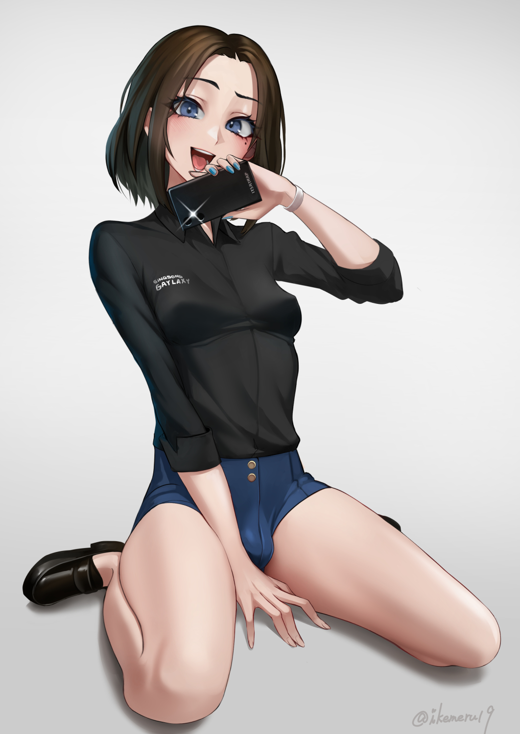 1girl bangs bare_legs black_footwear black_shirt blue_nails blue_shorts blush breasts bulge clothes_writing covered_nipples futanari grey_background highres holding holding_phone loafers looking_at_viewer medium_hair mole mole_under_eye open_mouth parted_bangs phone samsung samsung_sam shijiu_(adamhutt) shirt shirt_tucked_in shoes short_shorts shorts simple_background sitting sleeves_folded_up small_breasts solo thighs twitter_username wariza wristband
