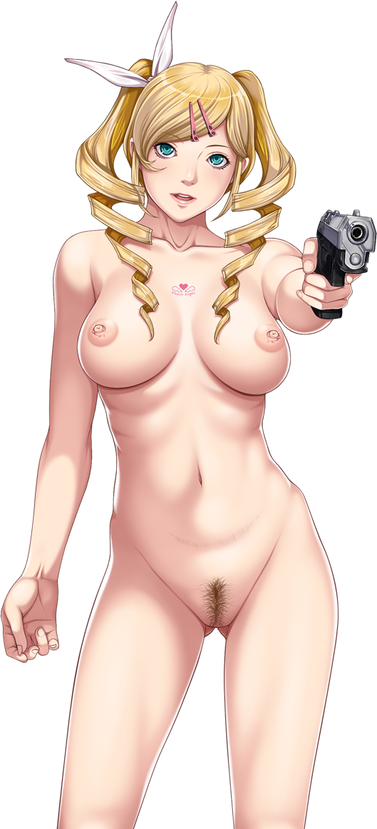 1girl aqua_eyes ass_visible_through_thighs blonde_hair breasts celine_verxina chest_tattoo closed_game collarbone completely_nude cowboy_shot drill_hair female_pubic_hair gun hair_ornament hairclip handgun holding holding_gun holding_weapon large_breasts long_hair looking_at_viewer navel nipples nude official_art open_mouth outstretched_arm photoshop_(medium) pistol pubic_hair sei_shoujo solo tachi-e tattoo transparent_background twintails weapon
