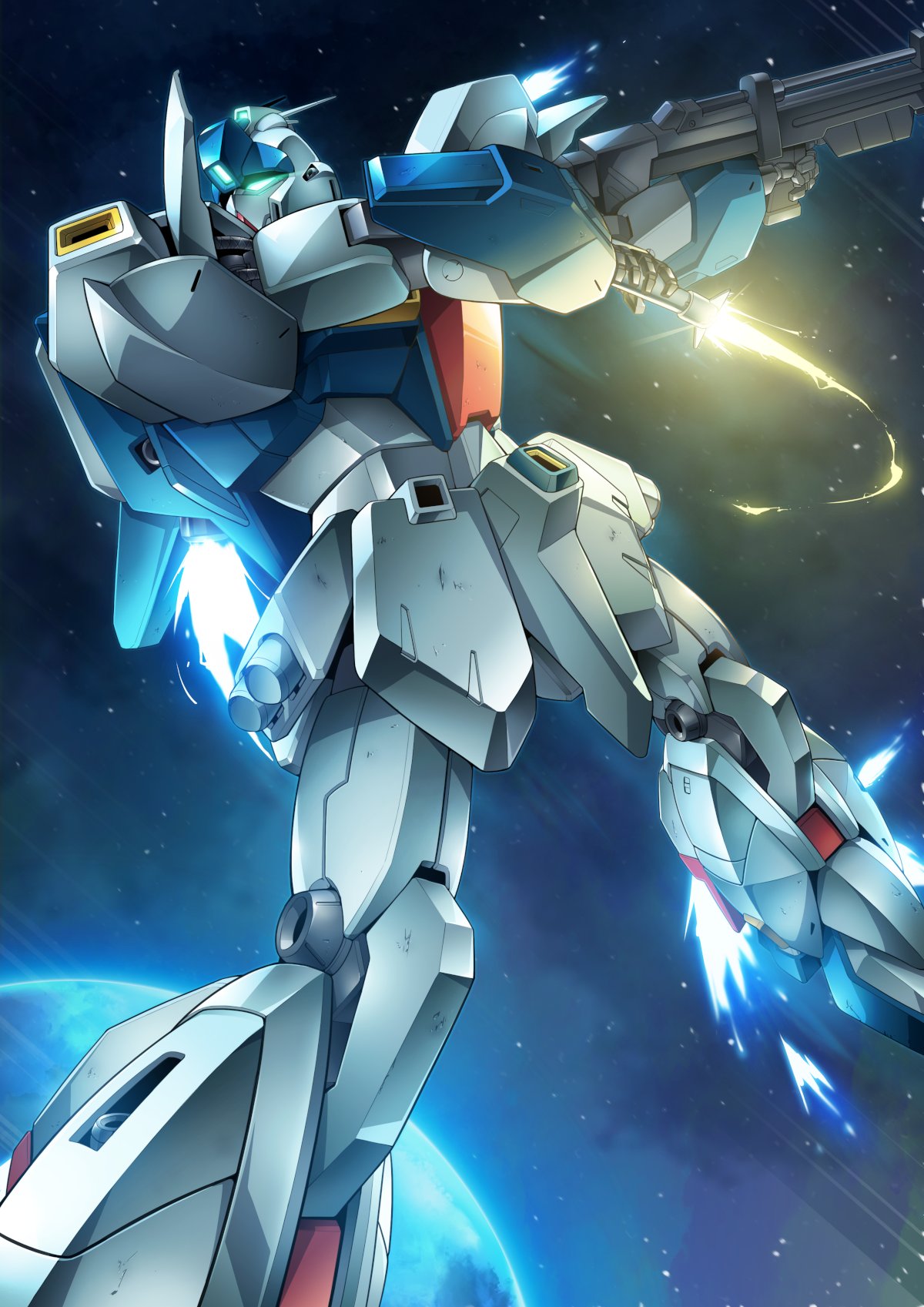 beam_rifle beam_saber char's_counterattack earth_(planet) energy_gun flying gamiani_zero green_eyes gun gundam highres holding holding_gun holding_sword holding_weapon mecha mobile_suit no_humans planet re-gz science_fiction solo space sword weapon