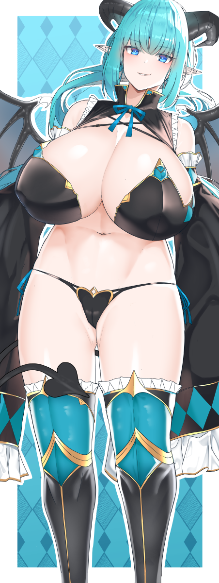 1girl areolae blue_eyes blush breasts cameltoe cleavage curvy demon_girl demon_tail eyebrows_visible_through_hair highres huge_breasts kon_futoshi large_breasts long_hair looking_at_viewer navel pointy_ears revealing_clothes smile stomach tail tall_female thighhighs