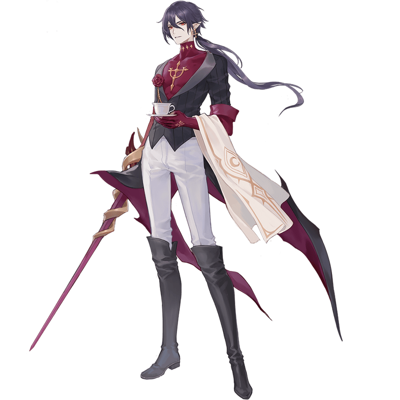 1boy black_hair black_legwear boots cross cross_earrings dracula_(shuumatsu_no_akasha) earrings elbow_gloves flower full_body gloves jewelry long_hair male_focus official_art pants pointy_ears ponytail red_eyes red_gloves rose shuumatsu_no_akasha smile solo standing sword transparent_background turtleneck vampire weapon white_pants