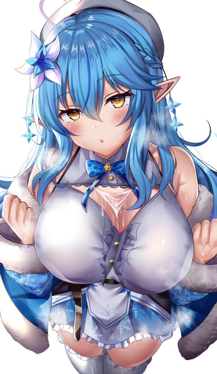 1girl ahoge bangs bare_shoulders beret blue_hair blue_jacket blush breasts bust_cup cleavage commentary_request elf eyebrows_visible_through_hair flower hair_flower hair_ornament hat heart heart_in_eye highres hololive jacket large_breasts looking_at_viewer off_shoulder open_clothes open_jacket pointy_ears shiki_(catbox230123) simple_background solo sweat symbol_in_eye thighhighs virtual_youtuber white_background white_headwear white_legwear yellow_eyes yukihana_lamy