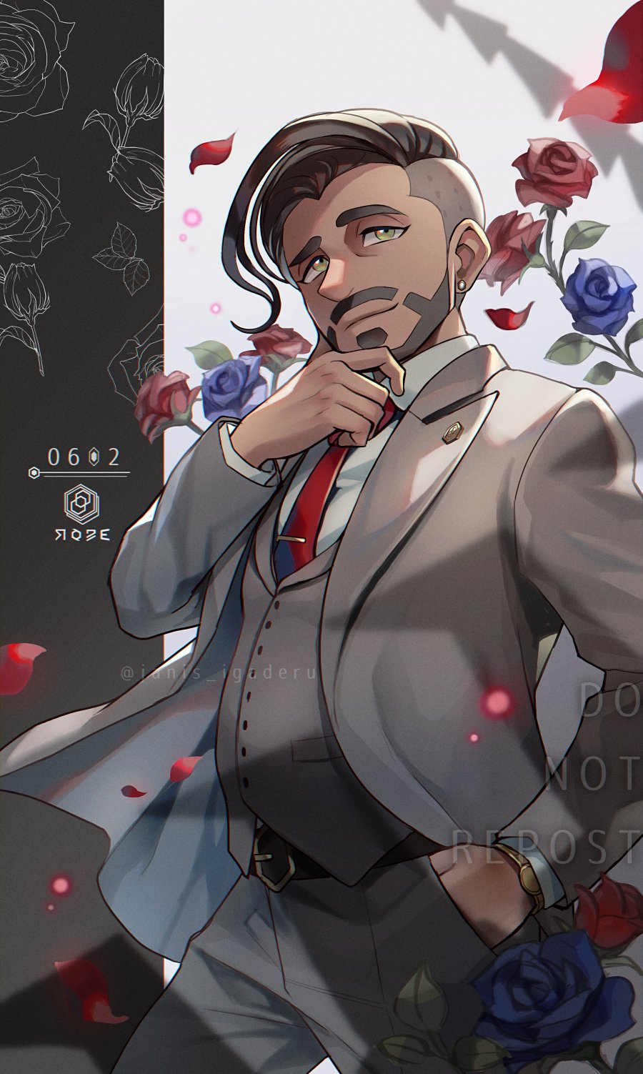 1boy belt black_hair blue_flower business_suit buttons character_name chin_stroking closed_mouth collared_shirt commentary earrings facial_hair flower formal green_eyes grey_jacket grey_pants grey_vest hand_in_pocket highres jacket janis_(hainegom) jewelry looking_to_the_side male_focus necktie number pants petals pokemon pokemon_(game) pokemon_swsh red_flower red_neckwear repost_notice rose_(pokemon) shirt smile solo suit undercut vest watch watermark white_shirt wristwatch