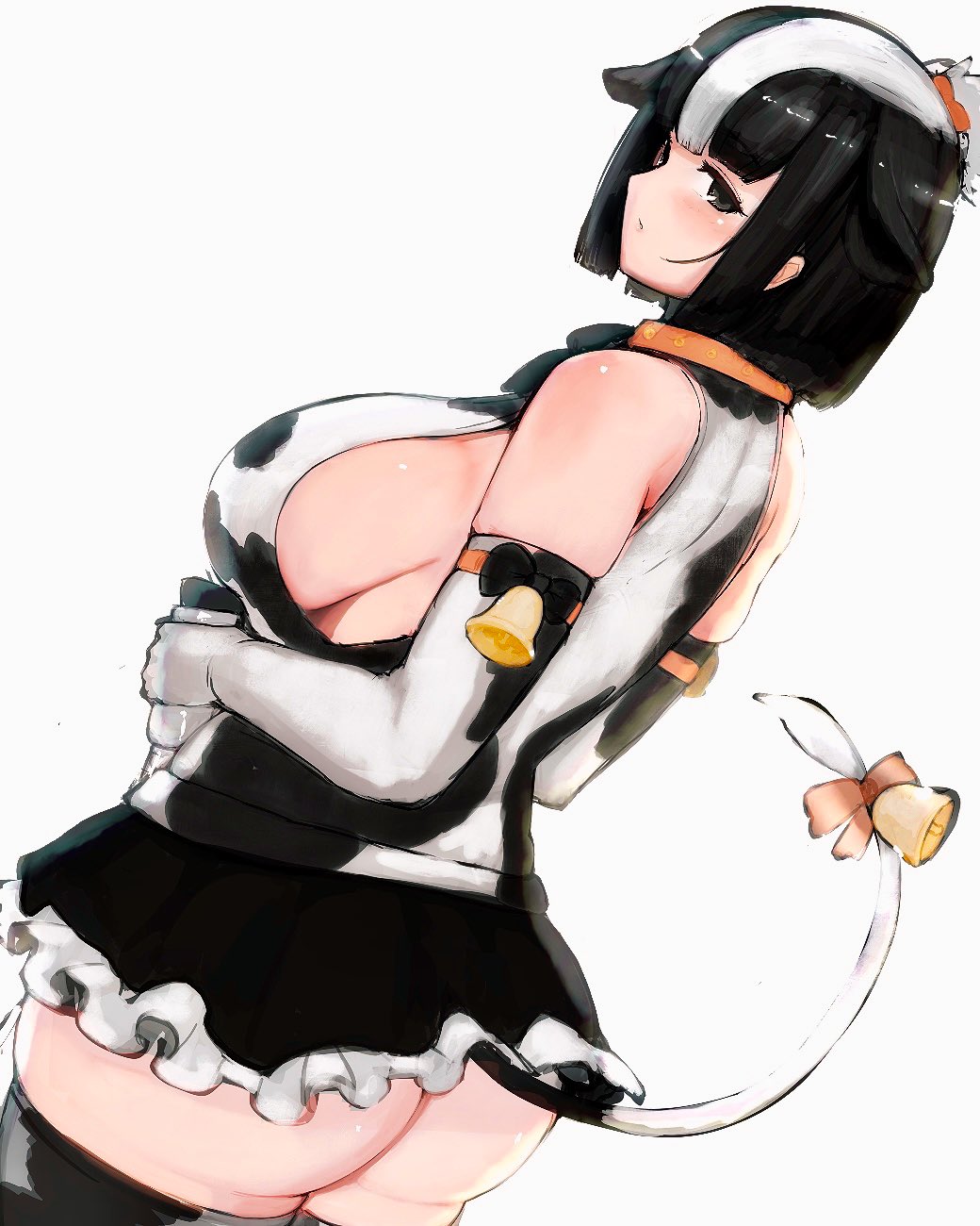 1girl animal_ears animal_print armband ass bangs bare_shoulders bell black_footwear black_hair bottle bow breasts cow_ears cow_girl cow_print cow_tail cowboy_shot dutch_angle elbow_gloves extra_ears frilled_skirt frills from_side gloves highres holding holding_bottle holstein_friesian_cattle_(kemono_friends) huge_breasts kemono_friends looking_at_viewer medium_hair microskirt milk_bottle multicolored_hair print_gloves print_shirt shibori_kasu shirt sideboob sidelocks simple_background skindentation skirt sleeveless sleeveless_shirt solo tail tail_bell tail_bow tail_ornament thighhighs two-tone_hair white_background white_hair