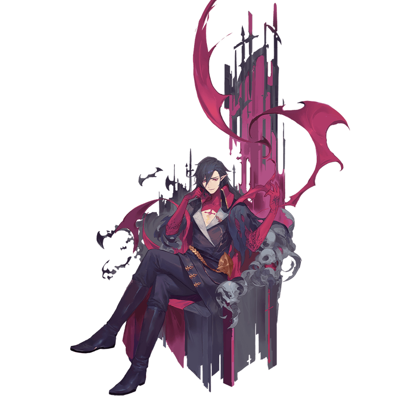 1boy black_hair black_legwear boots crossed_legs dracula_(shuumatsu_no_akasha) elbow_gloves full_body gloves long_hair male_focus official_art pointy_ears red_eyes red_gloves shuumatsu_no_akasha sitting skull throne transparent_background vampire