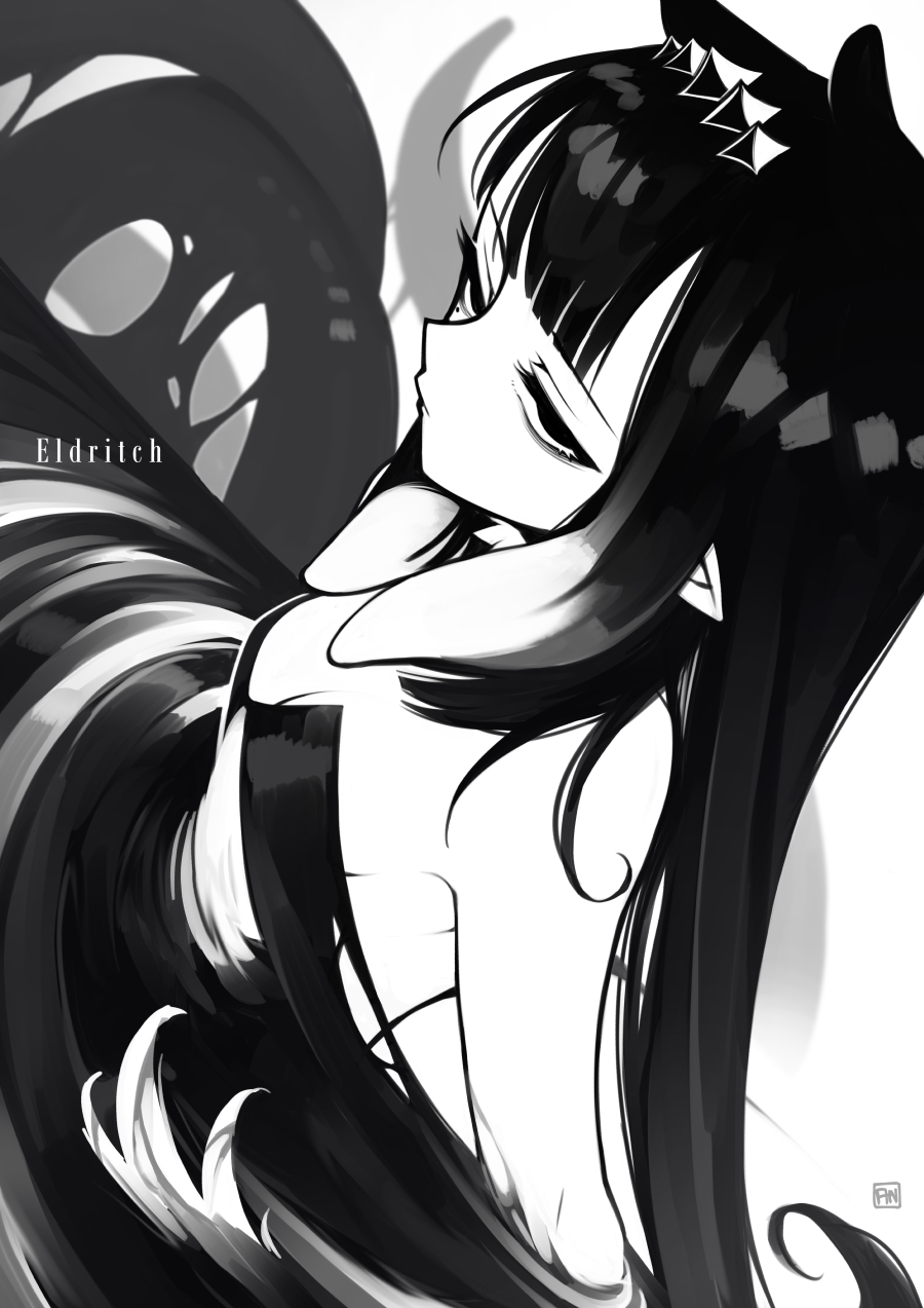 1girl angry_num bangs bare_shoulders breasts cleavage dress floating_hair greyscale hair_behind_ear halo highres hololive hololive_english long_hair monochrome ninomae_ina'nis pointy_ears small_breasts solo strapless strapless_dress tentacle_hair tentacles tube_dress upper_body very_long_hair virtual_youtuber