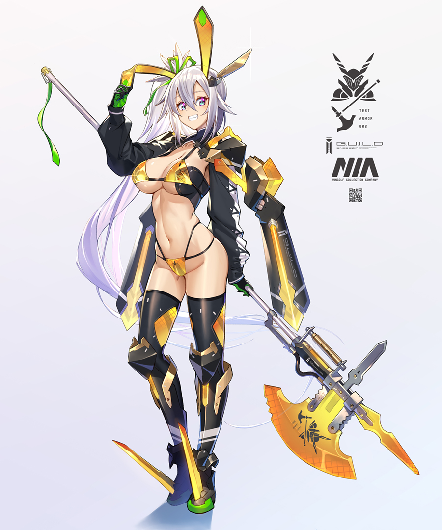 1girl absurdly_long_hair animal_ears armor armored_boots bangs bikini_armor black_armor black_footwear black_gloves black_legwear blue_eyes boots breasts bunny_ears cleavage commentary fake_animal_ears floating_hair full_body gloves green_gloves green_ribbon grin groin hair_between_eyes hair_ribbon headgear holding holding_polearm holding_weapon knee_pads large_breasts logo long_hair long_sleeves looking_at_viewer multicolored multicolored_eyes nadare-san_(nadare3nwm) navel original pink_eyes polearm poleaxe qr_code ribbon shiny shiny_hair shiny_skin shoulder_armor shrug_(clothing) side_ponytail sidelocks silver_hair smile solo spikes standing stomach string_bikini thighhighs very_long_hair weapon white_background