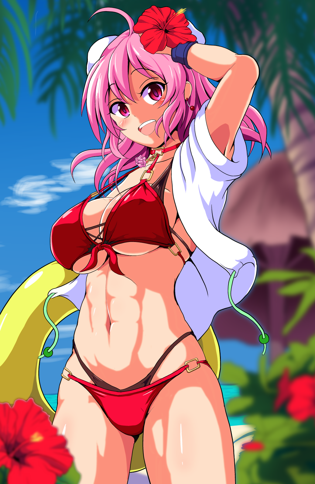 1girl :d abs ahoge arm_up bangs beach bikini blue_sky blush breasts bun_cover cloud commentary_request cowboy_shot double_bun eyebrows_visible_through_hair flower front-tie_bikini front-tie_top hibiscus highres ibaraki_kasen innertube jacket large_breasts layered_bikini looking_at_viewer navel nioti open_clothes open_jacket open_mouth outdoors palm_tree pink_eyes pink_hair red_bikini red_eyes shiny shiny_hair shiny_skin short_hair short_sleeves sky smile solo swimsuit swimsuit_under_swimsuit toned touhou tree upper_teeth white_jacket